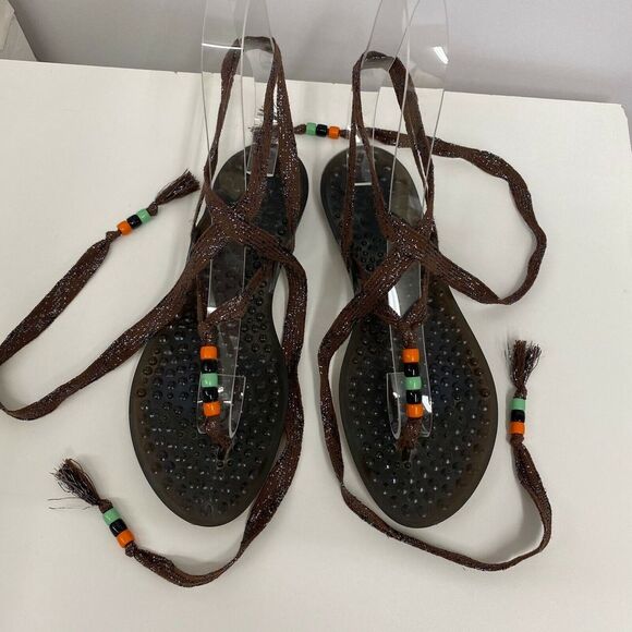 Jimmy Choo Rubber Sandals Flats Tie Ups Metallic Brown Beads Comfortable 37 7 - Picture 2 of 7